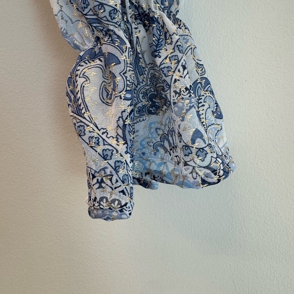 Altar'd State Light Blue Paisley Cropped Chiffon Smocked Long Sleeve Blouse - Picture 4 of 6